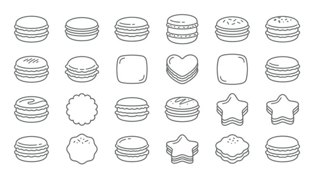 Collection of simple line art icons representing various macarons and cookies in different shapes and forms.