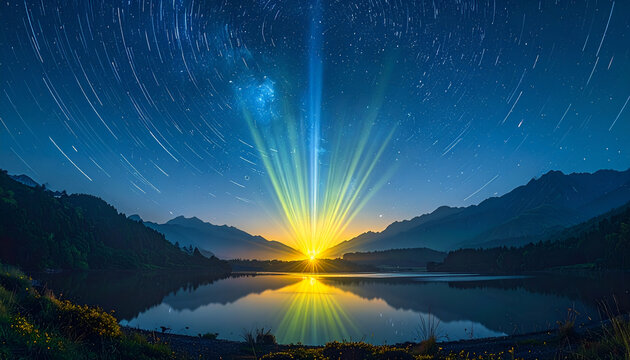 Sunrise Over Serene Lake with Star Trails.
