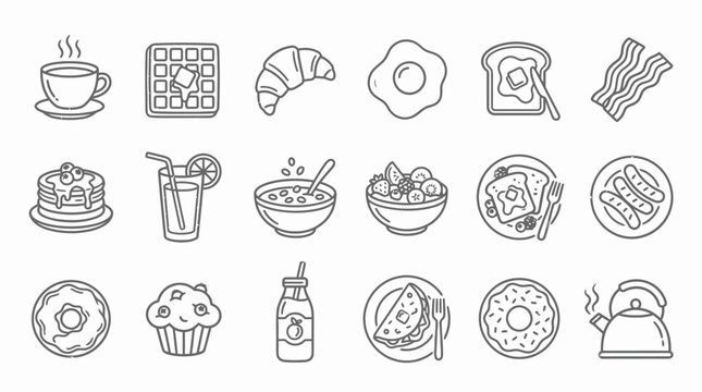 Collection of delicious breakfast food and drink icons in a simple line art style.