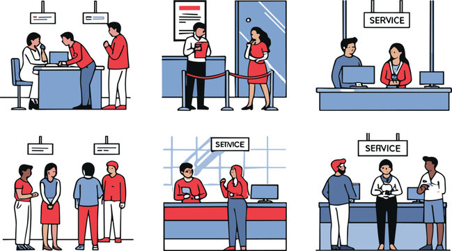 Customer service counter and reception desk people collection with support staff and visitors vector illustration set