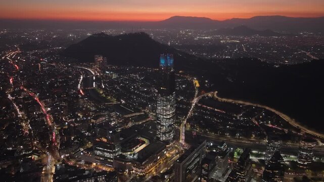 Aerial Flight Establishing Sunset Night Gran Torre Santiago Skyscraper and Cityscape Chile