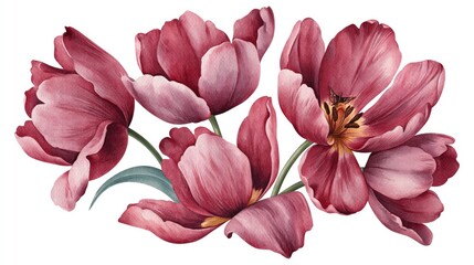 Fototapeta premium Beautiful Watercolor Painting of Deep Pink Tulips with Green Leaves, Isolated on White Background