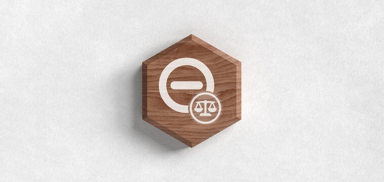 Wooden hexagon sign with a negative minus symbol and a scales of justice icon representing legal restriction, prohibited law, judicial verdict, and justice system on textured wall