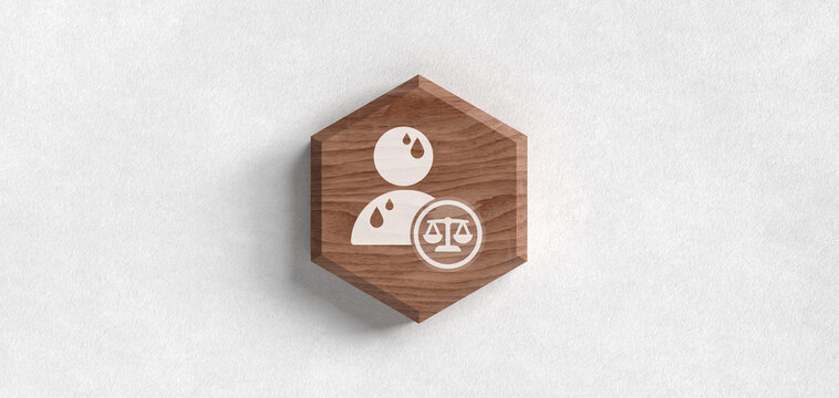 A wooden hexagon emblem with a white icon of a person featuring water drops and a scale of justice, representing legal counseling for water rights or environmental law issues.
