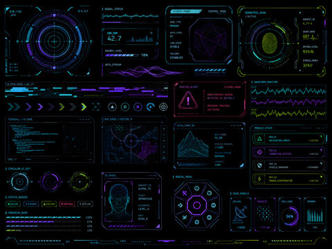 Futuristic HUD interface elements, sci-fi control panel dashboard with digital data screens, high-tech user interface graphics for gaming and video production