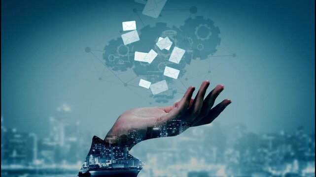 Digital Communication Concept with Hand Releasing Email Icons Over Cityscape Background and Abstract Gear Graphics. Entropy.