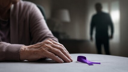 Elderly woman with purple ribbon as symbol for World Elder Abuse Awareness Day. Victim of violence in dark room with looming man silhouette. Social issue and human rights tragedy.