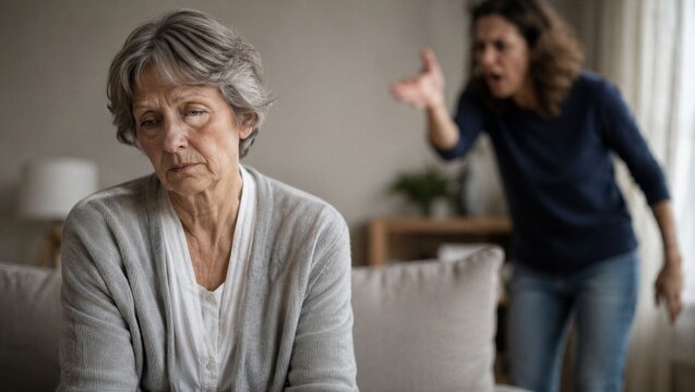 Adult woman shouting at sad senior woman sitting on sofa. Conflict between daughter and elderly mother. Concept of neglect and domestic elder abuse for awareness campaign on social issue.