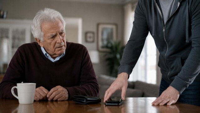 Man taking phone from confused senior man sitting at table. Elder abuse and financial exploitation concept. Victim of scam in home environment. Awareness and protection against fraud.