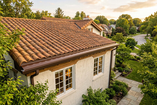 Aerial view of a traditional house roof featuring a clean brown rain gutter with a gutter guard