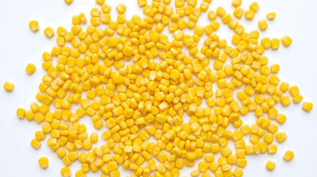 Top view of sweet yellow corn kernels scattered on white background