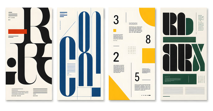 Swiss style typographic poster set, minimalist editorial layout templates, modern graphic design flyers with bold typography