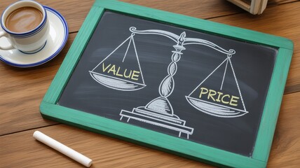 Naklejka premium Value and price balance concept on chalkboard with coffee cup on wooden table