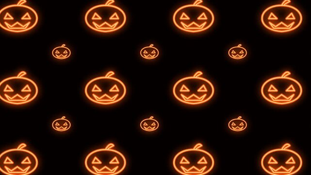 Glowing pumpkins display various faces at night