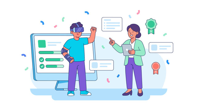 Flat Vector Illustration of a Person Using Virtual Reality Headset for Training and Gamified Learning with an Instructor and Progress Dashboard