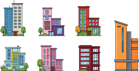 Modern urban building collection with colorful apartment and office architecture design, contemporary city property illustration © MdShahinnur