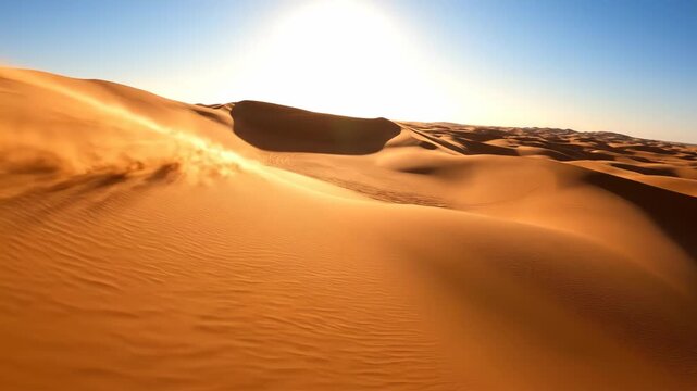 Wide-angle aerial view of golden sand dunes in a vast desert landscape under bright direct sunlight with wind patterns, ripples, and deep shadows against a clear blue sky.