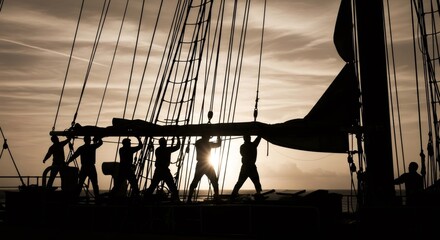Sailors working on deck of sailing ship during sunset. Crew pulling ropes to raise canvas sail. Silhouette of men performing team task on old vessel. Concept of maritime war history. © Margarita Ratatosk