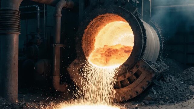 Medium shot of molten zinc dross being processed in a rotating furnace showcasing intense heat and metal recovery in a hightemperature industrial setting.