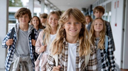 Fototapeta premium Diverse group of happy, smiling students with backpacks walking down a school hallway, ready for education