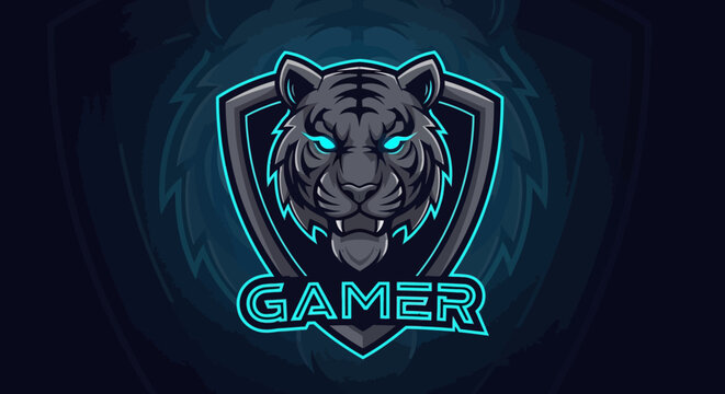 Glowing tiger head gamer logo symbol.