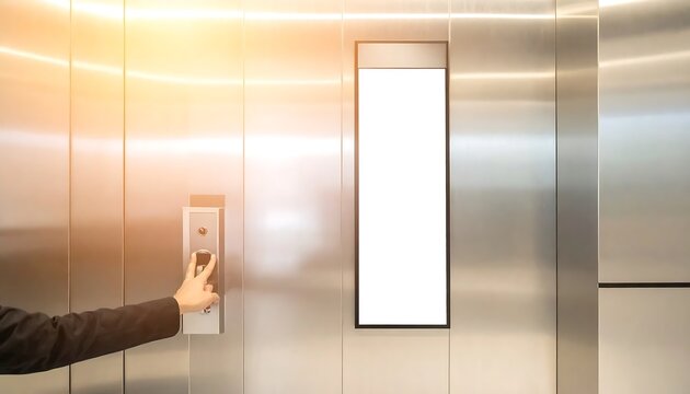 Person pressing button on elevator control panel in modern lift interior