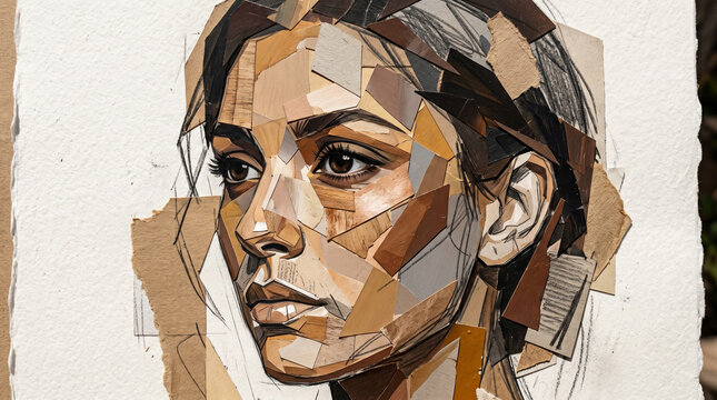 Contemporary abstract portrait of a woman using geometric paper textures and earth tones.