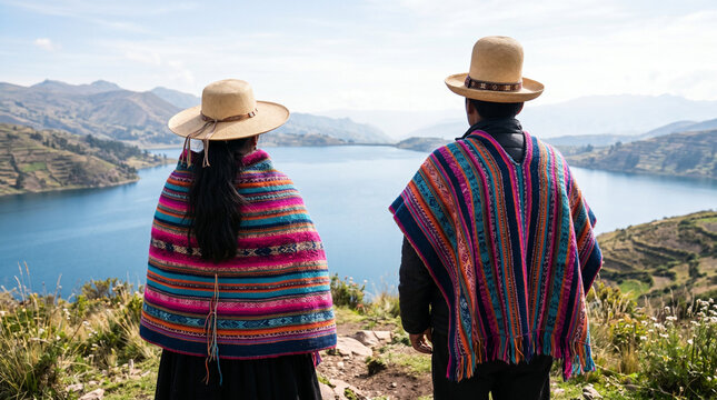 Couple in colorful traditional ponchos looking out at mountain lake landscape.