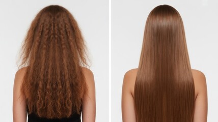 Naklejka premium Before and after comparison of hair transformation from dry frizzy to smooth straight and shiny