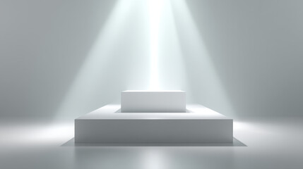 Fototapeta premium Minimal white platform bright light beam white background clean studio geometric stage empty pedestal minimalist display three dimensional render abstract scene modern composition