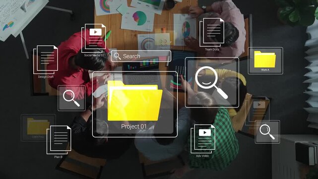 Creative Teamwork in Action Around Conference Table with Digital Project Management Tools and Collaborative Strategy Planning Session Gluon.
