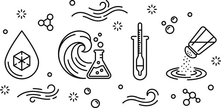 Ocean Water Salinity and Chemistry Laboratory Test Icon Set for Marine Science Designs
