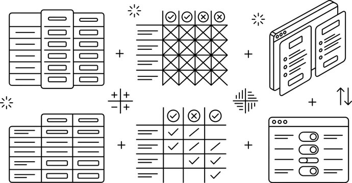 Pricing Plan Comparison Icon Set with Feature Matrix and Web Toggle Switch Symbols