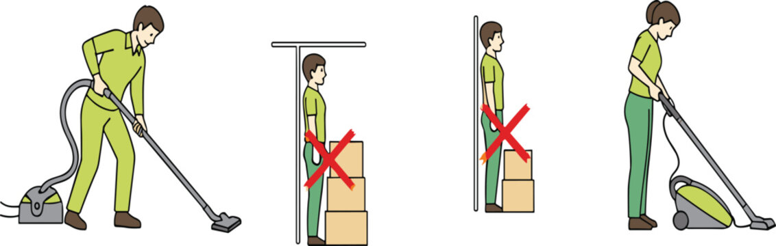 Proper vacuum cleaning and safe lifting posture vector illustration showing correct and incorrect ergonomic work techniques