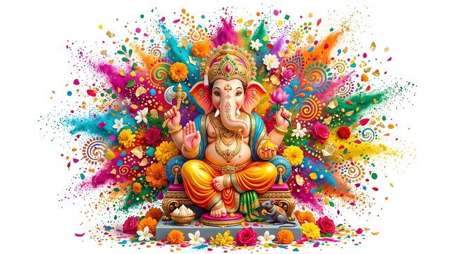 Lord Ganesha Statue With Colorful Powder Explosion