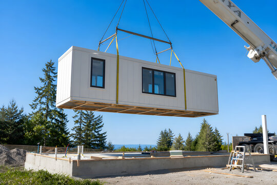 Crane placing modular prefab home onto foundation