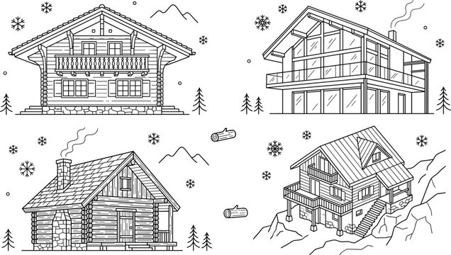 Winter Chalet Icon Set with Alpine Mountain Cabin and Snowy Log House Symbols