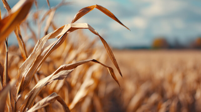 Dry corn stalk rural field autumn harvest golden crop close up selective focus blue sky dry plant farm landscape countryside scene