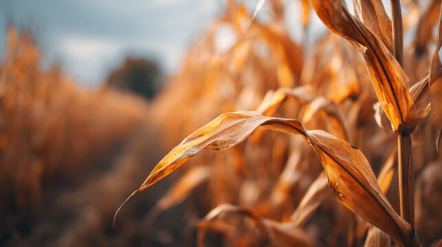Dry corn stalks rural field autumn harvest golden crop close up selective focus agricultural landscape farm plant dry leaf field background