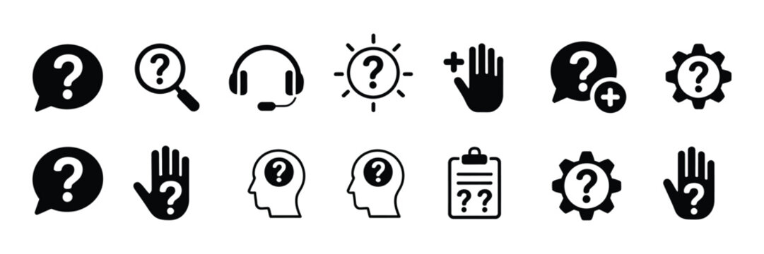 Question Mark Icons, button set inquiry symbols, FAQ help support confusion and information query signs, vector illustration design.