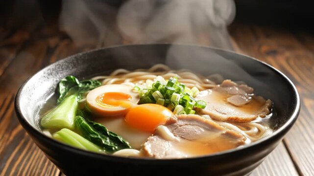 Hot steaming bowl of Japanese ramen noodle soup topped with sliced pork chashu, soft boiled egg, bok choy, and green onions on a rustic dark wooden table surface.