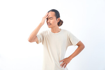 Fototapeta premium Young Asian man in a shirt, with a confused face expression. Isolated on a white background