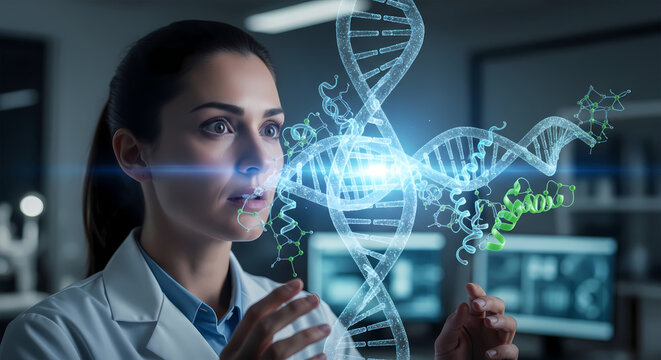 Female Scientist Analyzing Holographic DNA Helix in Futuristic Laboratory