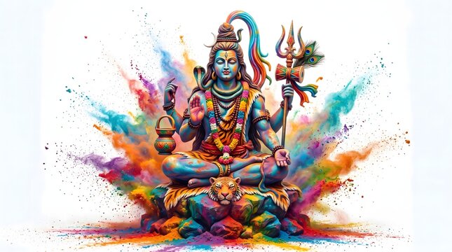 Lord Shiva Meditating With Holi Color Splashes