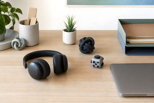 Calm sensory friendly workspace with headphones and fidgets