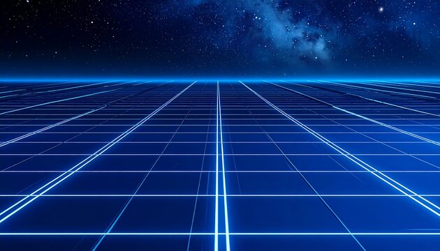 Glowing blue grid stretches into a starlit horizon, evoking a futuristic, abstract, cosmic plane
