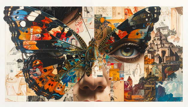 Surreal Collage Art - Butterfly Wings Adorn a Human Face with Collage Elements.