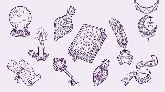 Collection of mystical and magical items including a crystal ball, potions, a spell book, and a feather quill.