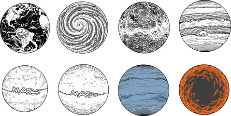 Collection of stylized planet illustrations representing Earth gas giants and abstract celestial bodies perfect for space exploration or science education graphics © Zohaib