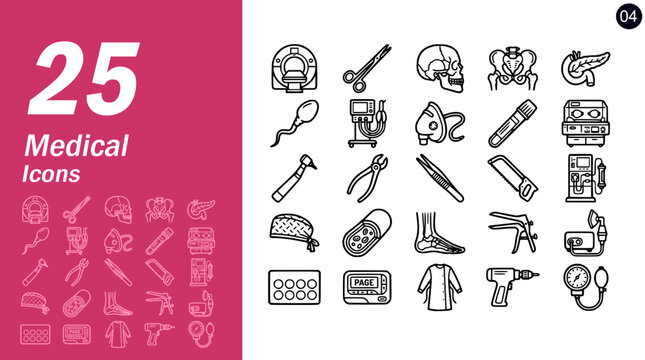 25 outline advanced medical technology and orthopedic tools icon set for clinical app and website UI